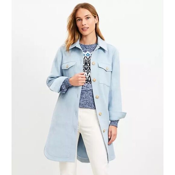 LOFT $200 Twill Long Shirt Jacket Sky Blue MEDIUM PETITE NEW - Picture 1 of 8